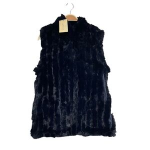 New Jayley Faux Fur Faux‎ Suede Vertical Stripe Gillet Vest Navy Blue